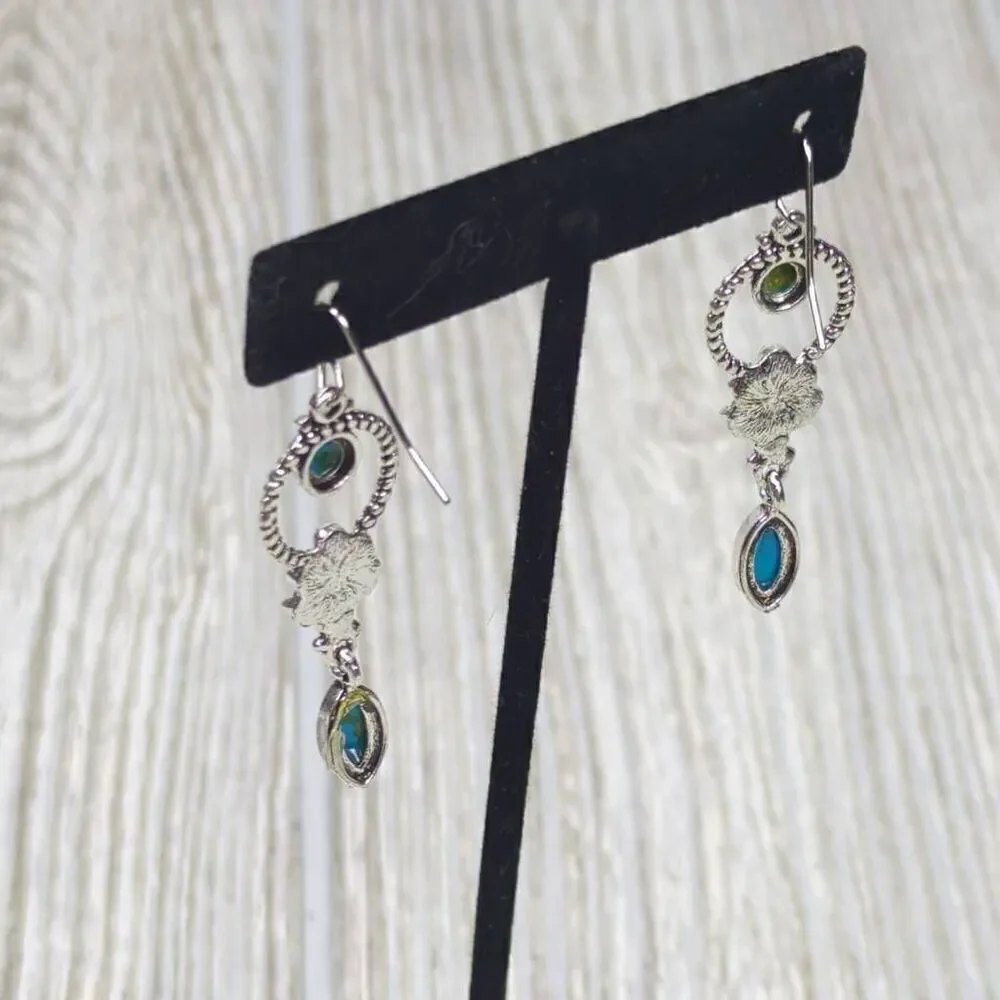 Womens Silver Tone & Turqouise Stone Dangle Wire Earrings Blue 1.5